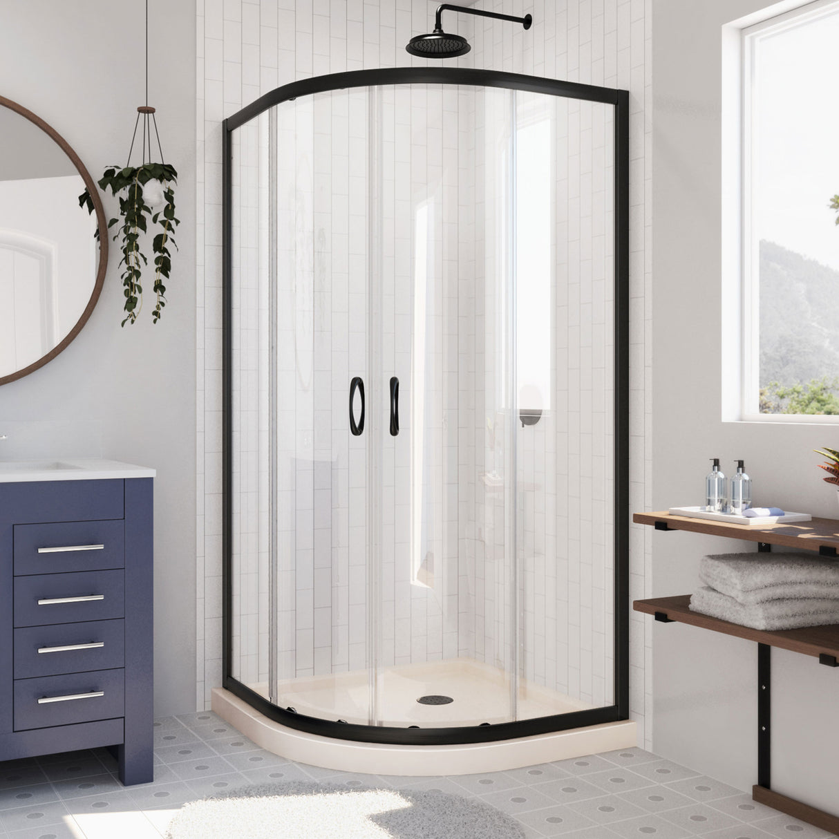 DreamLine Prime 33 in. x 74 3/4 in. Semi-Frameless Clear Glass Sliding Shower Enclosure in Satin Black with Biscuit Base Kit