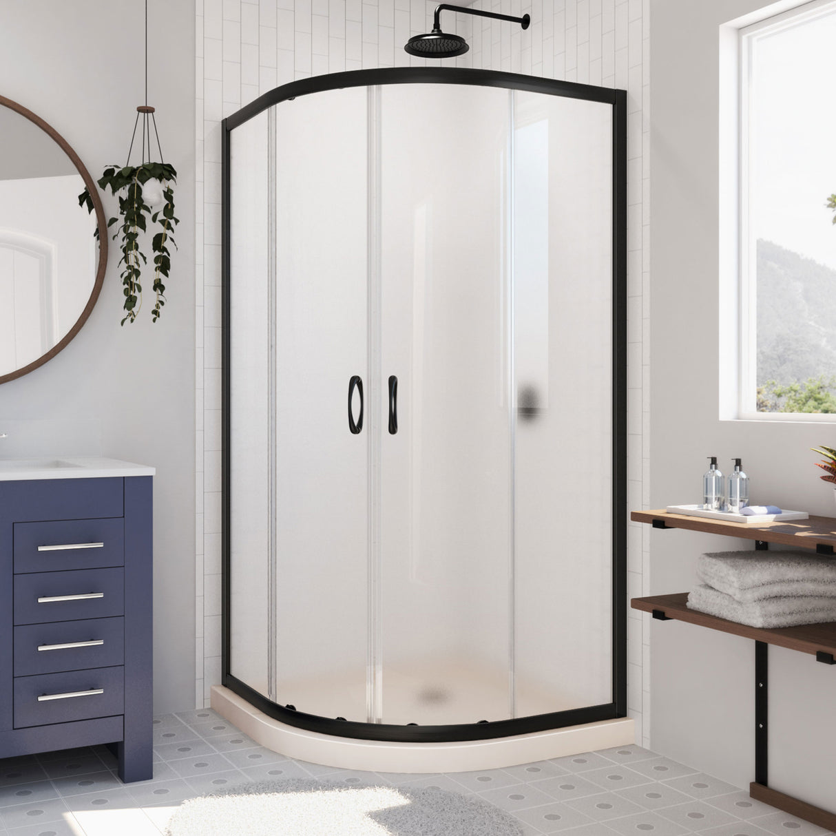 DreamLine Prime 36 in. x 74 3/4 in. Semi-Frameless Frosted Glass Sliding Shower Enclosure in Satin Black with Biscuit Base Kit
