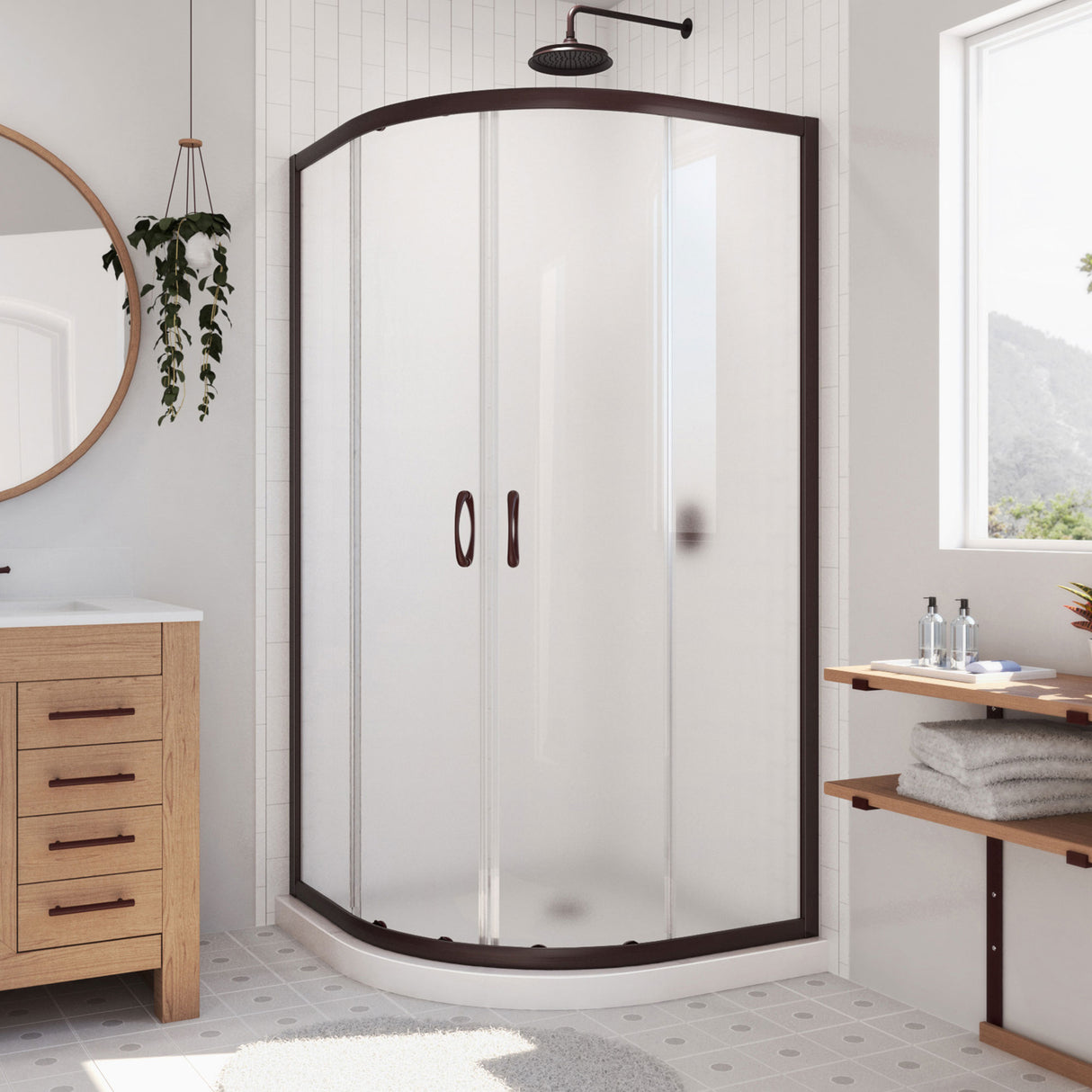 DreamLine Prime 33 in. x 74 3/4 in. Semi-Frameless Frosted Glass Sliding Shower Enclosure in Oil Rubbed Bronze with White Base Kit