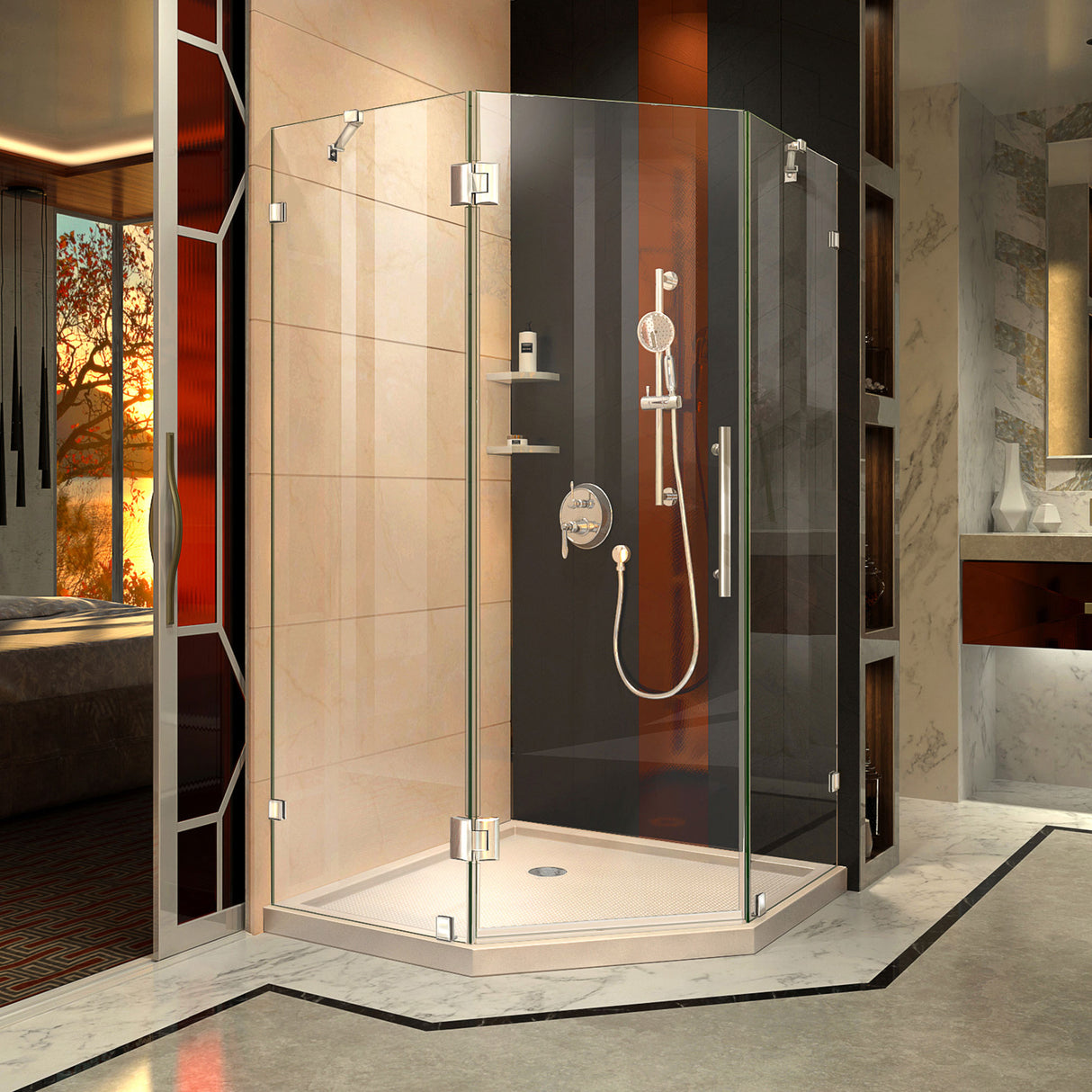 DreamLine Prism Lux 36 in. x 74 3/4 in. Fully Frameless Neo-Angle Shower Enclosure in Chrome with Biscuit Base
