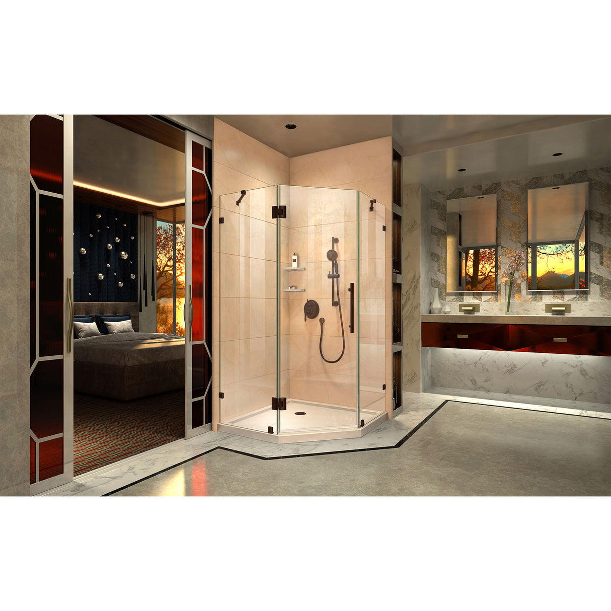 DreamLine Prism Lux 36 in. x 74 3/4 in. Fully Frameless Neo-Angle Shower Enclosure in Oil Rubbed Bronze with Biscuit Base
