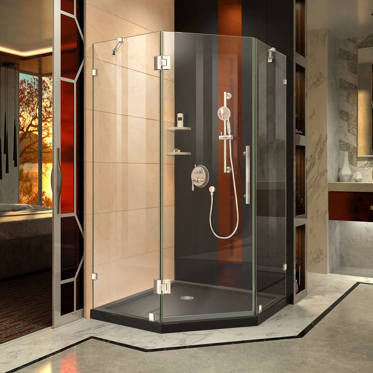 DreamLine Prism Lux 36 in. x 74 3/4 in. Fully Frameless Neo-Angle Shower Enclosure in Chrome with Black Base