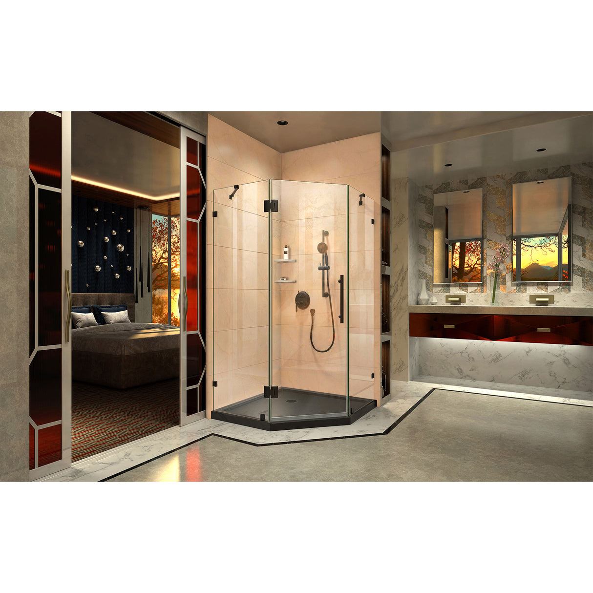 DreamLine Prism Lux 38 in. x 74 3/4 in. Fully Frameless Neo-Angle Shower Enclosure in Satin Black with Black Base