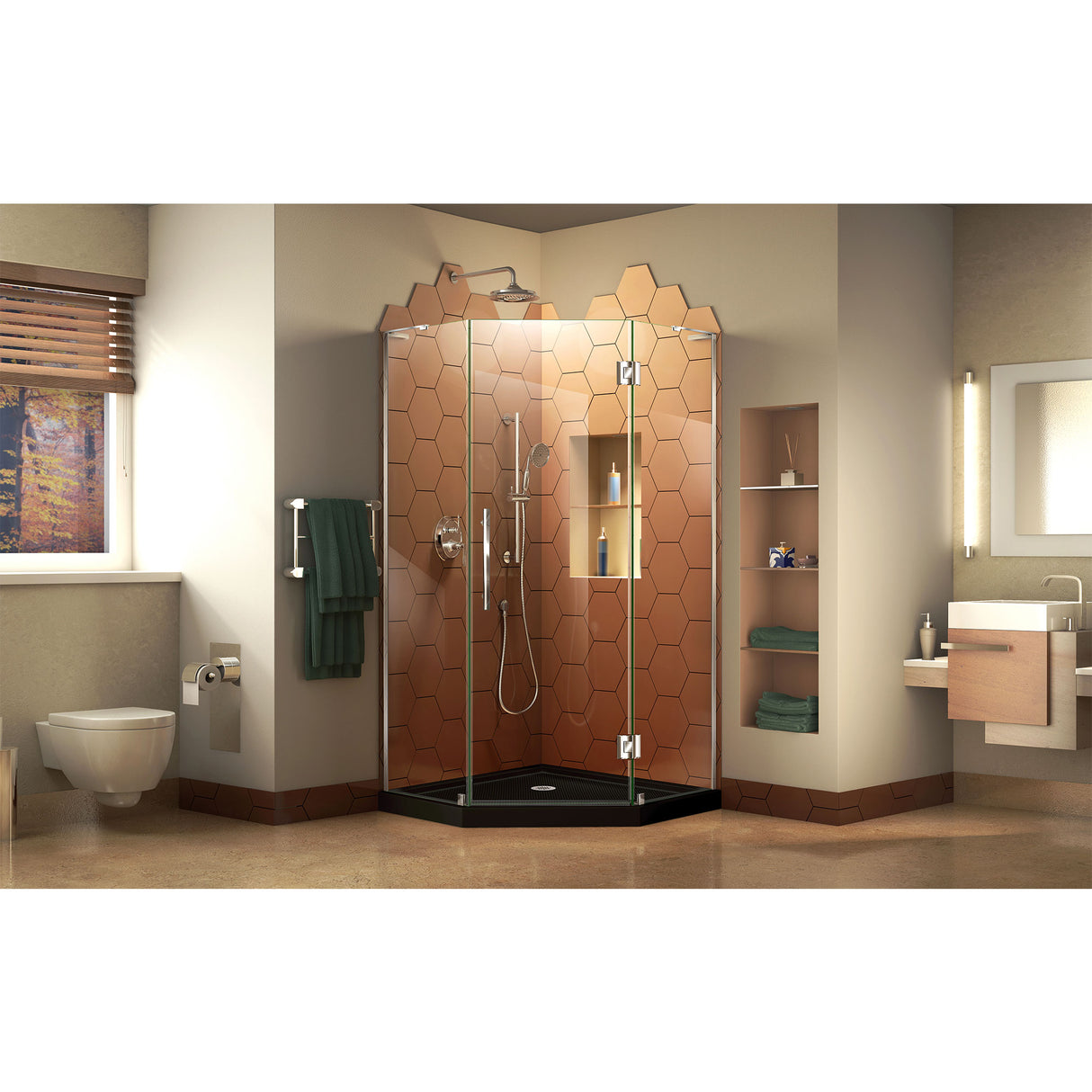 DreamLine Prism Plus 40 in. x 74 3/4 in. Frameless Neo-Angle Shower Enclosure in Chrome with Black Base