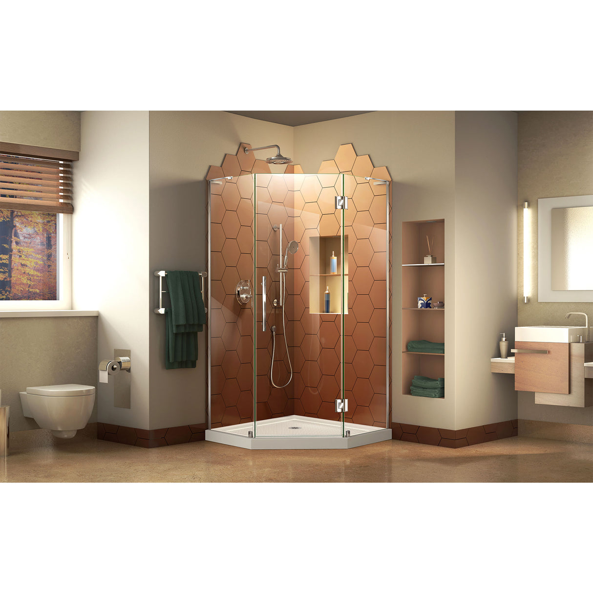 DreamLine Prism Plus 42 in. x 74 3/4 in. Frameless Neo-Angle Shower Enclosure in Chrome with White Base