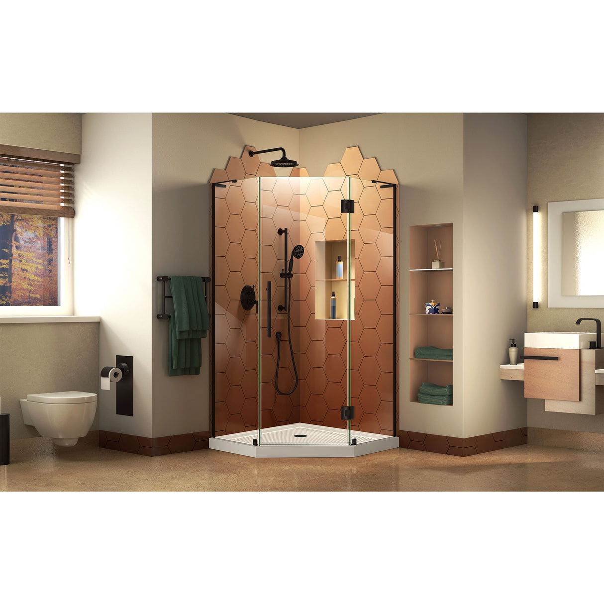 DreamLine Prism Plus 40 in. x 74 3/4 in. Frameless Neo-Angle Shower Enclosure in Satin Black with White Base