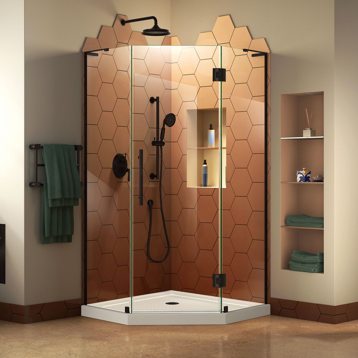 DreamLine Prism Plus 40 in. x 74 3/4 in. Frameless Neo-Angle Shower Enclosure in Satin Black with White Base