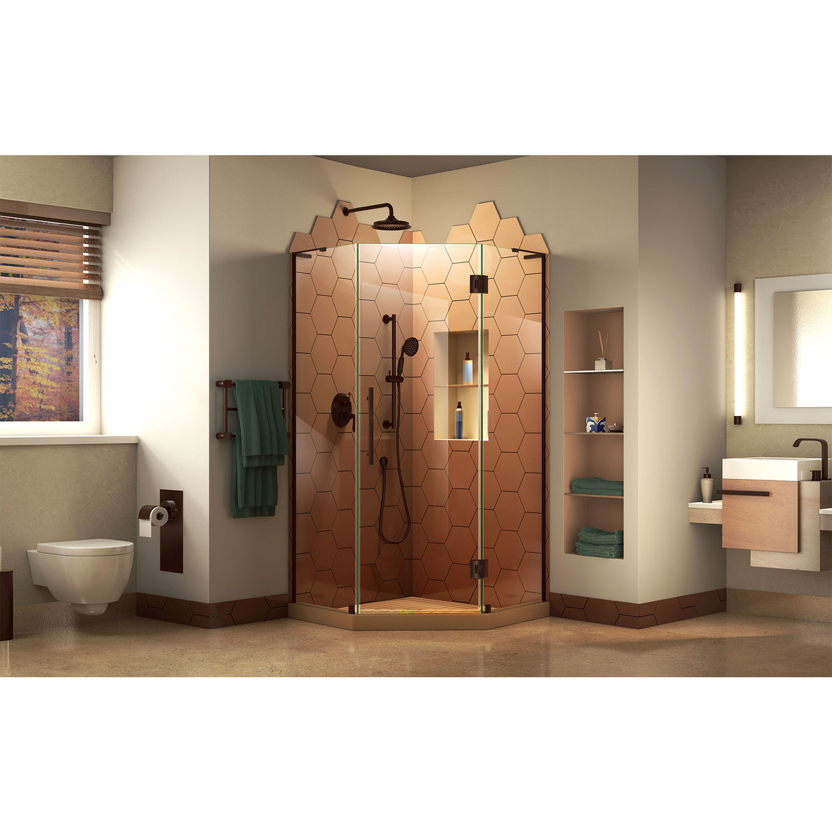 DreamLine Prism Plus 34 in. x 72 in. Frameless Neo-Angle Hinged Shower Enclosure in Oil Rubbed Bronze