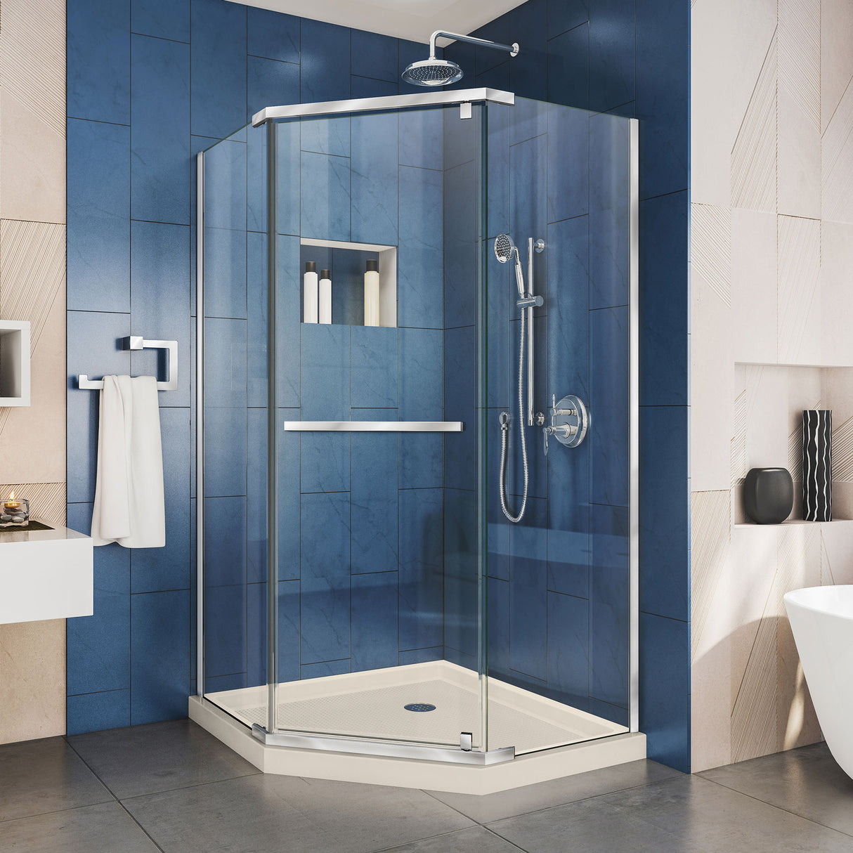 DreamLine Prism 38 in. x 74 3/4 in. Frameless Neo-Angle Pivot Shower Enclosure in Chrome with Biscuit Base Kit
