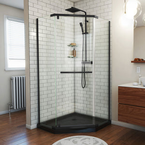 DreamLine Prism 40 in. x 74 3/4 in. Frameless Neo-Angle Pivot Shower Enclosure in Satin Black with Black Base Kit