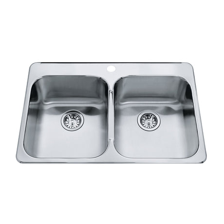 KINDRED QDL2031-7-1N Steel Queen 31.25-in LR x 20.5-in FB x 7-in DP Drop In Double Bowl 1-Hole Stainless Steel Kitchen Sink In Satin Finished Bowls with Mirror Finished Rim