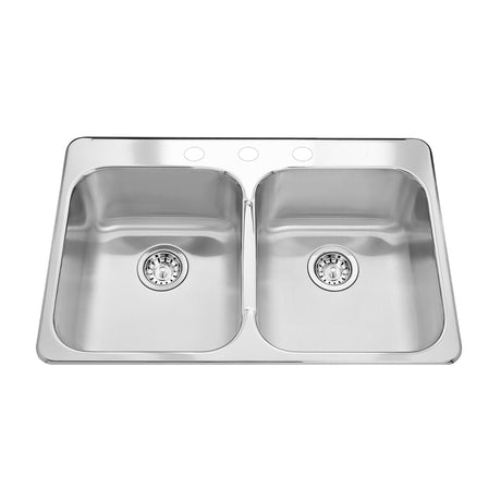 KINDRED QDL2031-7-3N Steel Queen 31.25-in LR x 20.5-in FB x 7-in DP Drop In Double Bowl 3-Hole Stainless Steel Kitchen Sink In Satin Finished Bowls with Mirror Finished Rim