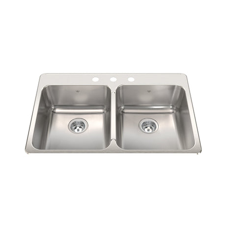KINDRED QDLA2233-8-3N Steel Queen 33.38-in LR x 22-in FB x 8-in DP Drop In Double Bowl 3-Hole Stainless Steel Kitchen Sink In Satin Finished Bowls with Mirror Finished Rim
