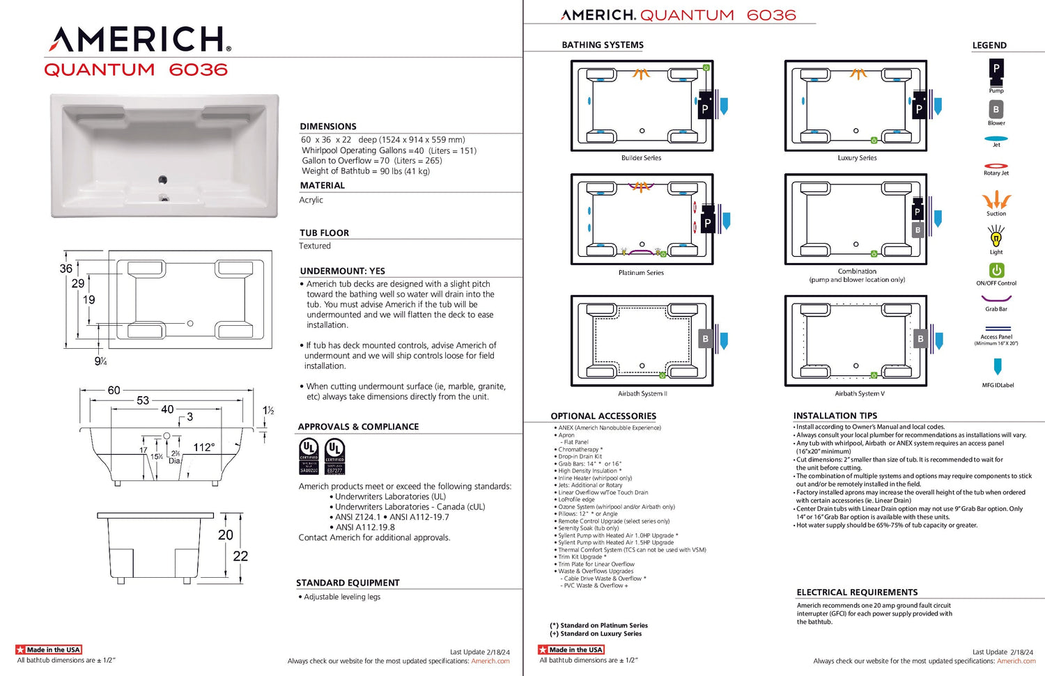 Americh QU6036TA5-BI Quantum 6036 - Tub Only / Airbath 5 - Biscuit