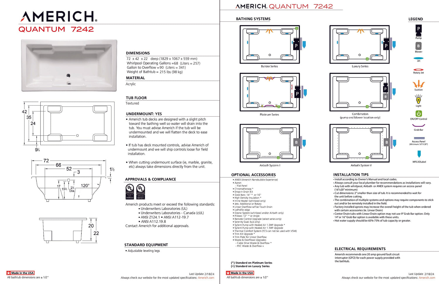 Americh QU7242TA5-BI Quantum 7242 - Tub Only / Airbath 5 - Biscuit