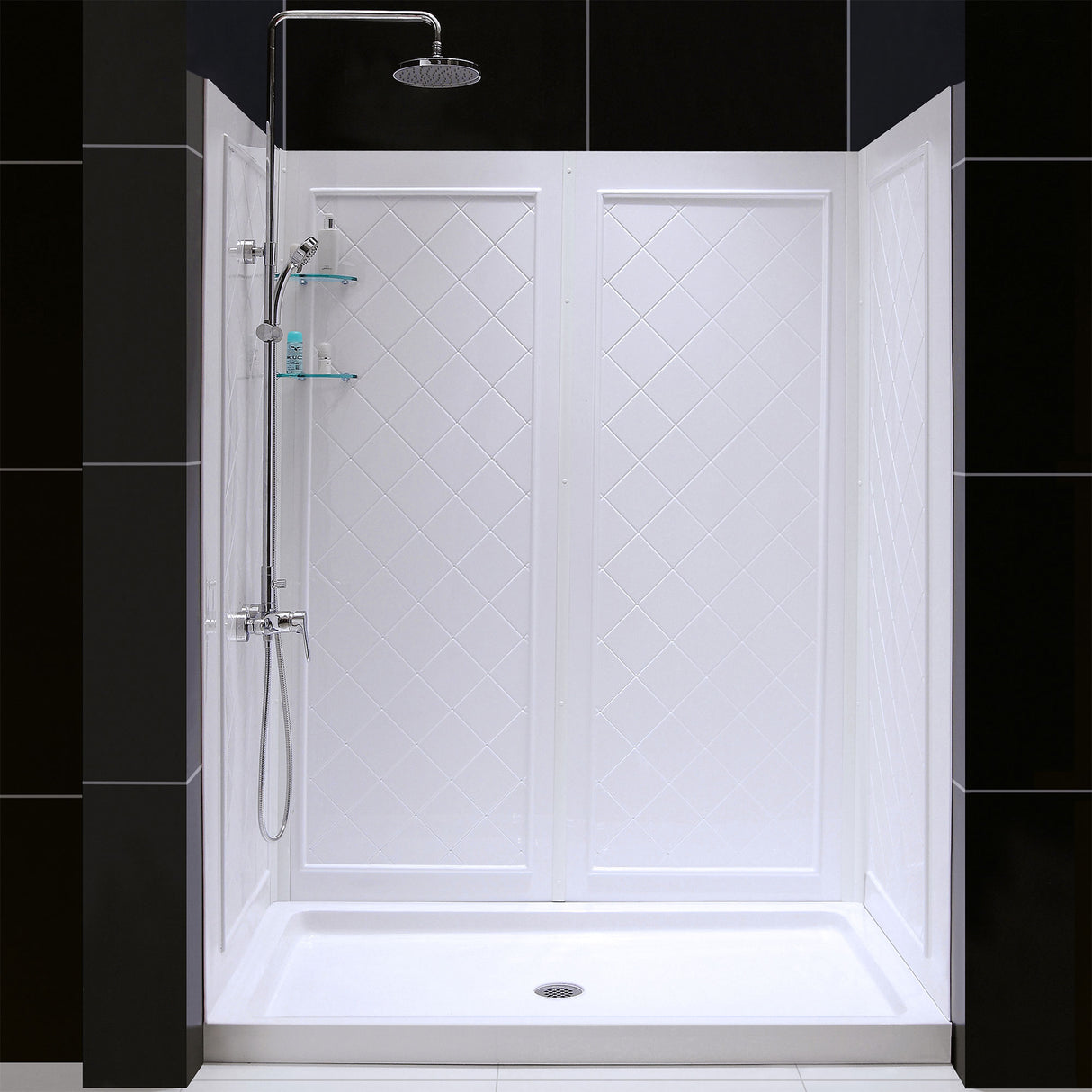 DreamLine 34 in. D x 60 in. W x 76 3/4 in. H Center Drain Acrylic Shower Base and QWALL-5 Wall Kit In White