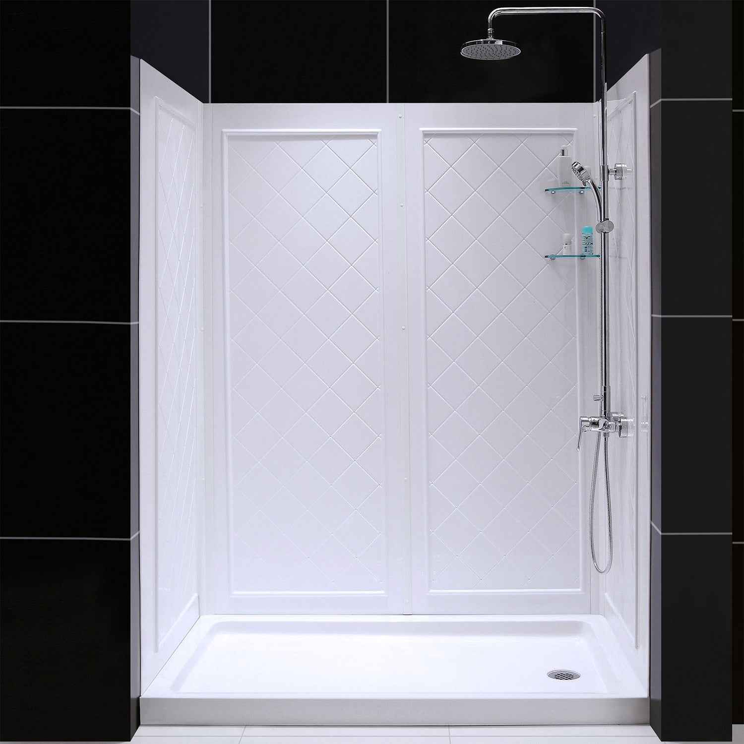 DreamLine Infinity-Z 34 in. D x 60 in. W x 76 3/4 in. H Clear Sliding Shower Door in Satin Black, Right Drain and Wall Kit