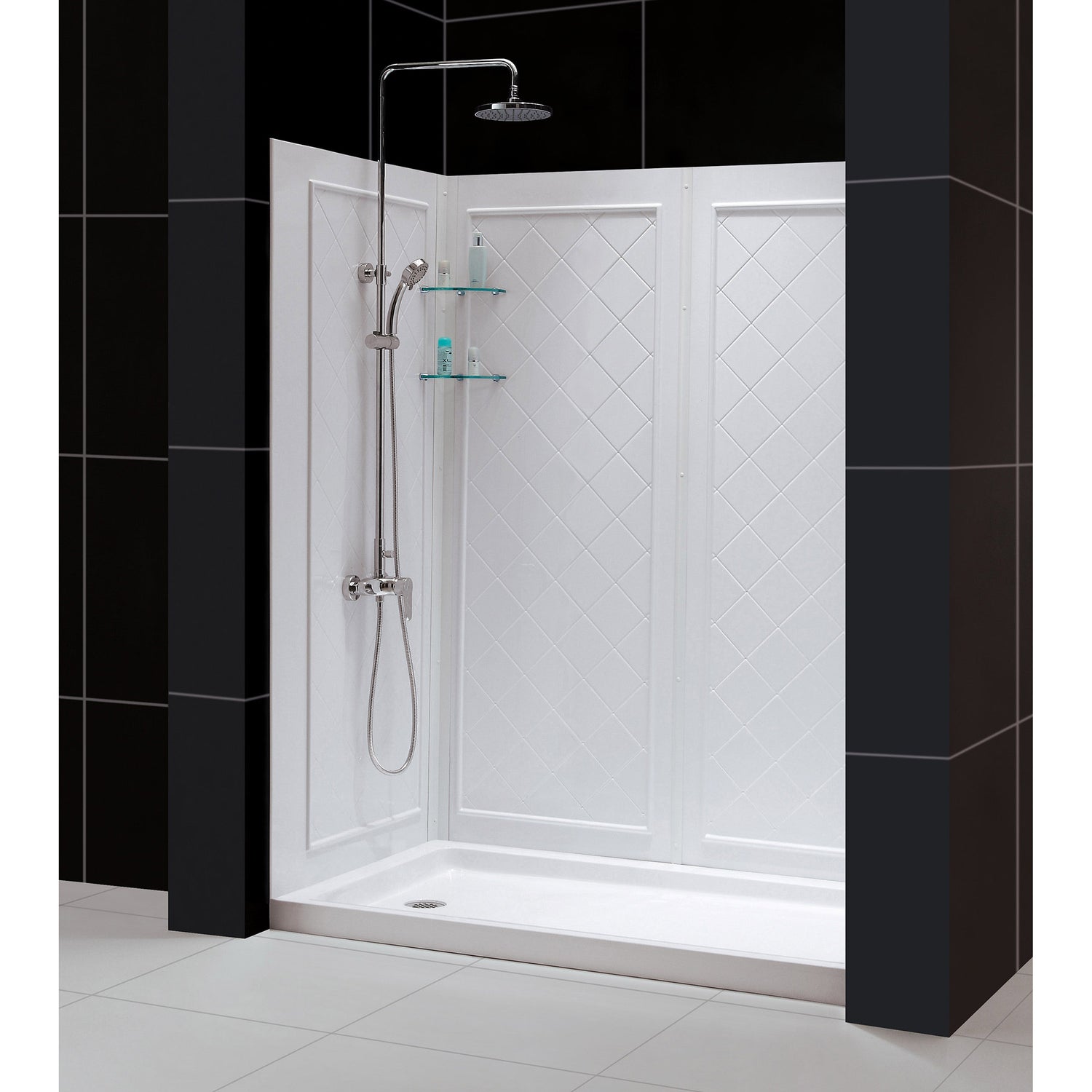 DreamLine Infinity-Z 34 in. D x 60 in. W x 76 3/4 in. H Clear Sliding Shower Door in Brushed Nickel, Center Drain and Wall Kit