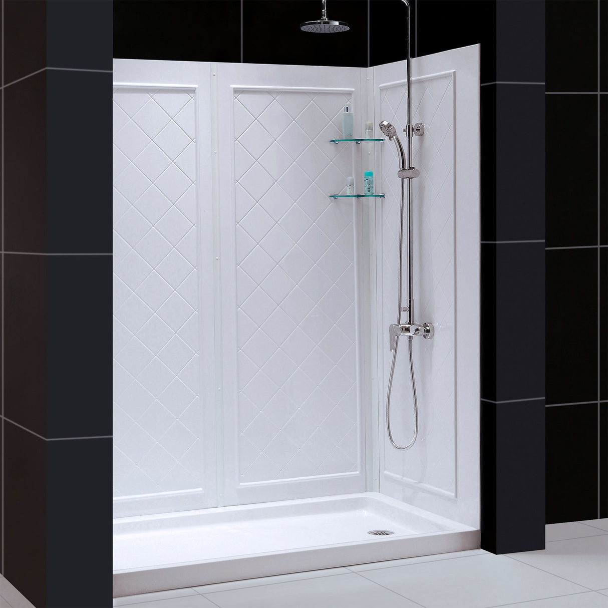 DreamLine Infinity-Z 34 in. D x 60 in. W x 76 3/4 in. H Clear Sliding Shower Door in Satin Black, Right Drain and Wall Kit