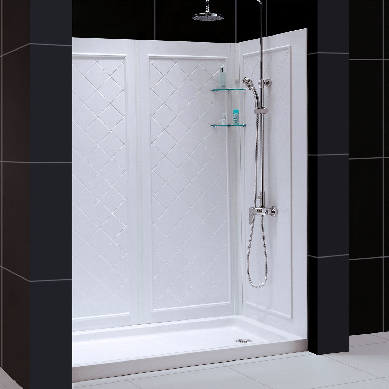 DreamLine Infinity-Z 34 in. D x 60 in. W x 76 3/4 in. H Clear Sliding Shower Door in Satin Black, Right Drain and Wall Kit