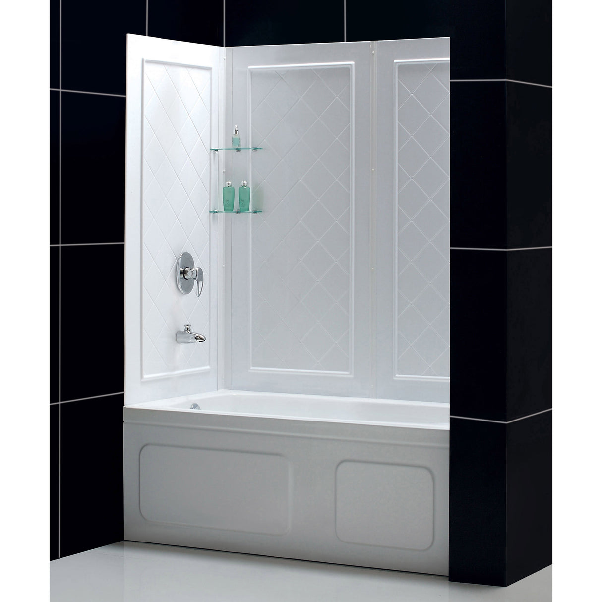 DreamLine Infinity-Z 56-60 in. W x 60 in. H Clear Sliding Tub Door in Satin Black with White Acrylic Wall Kit