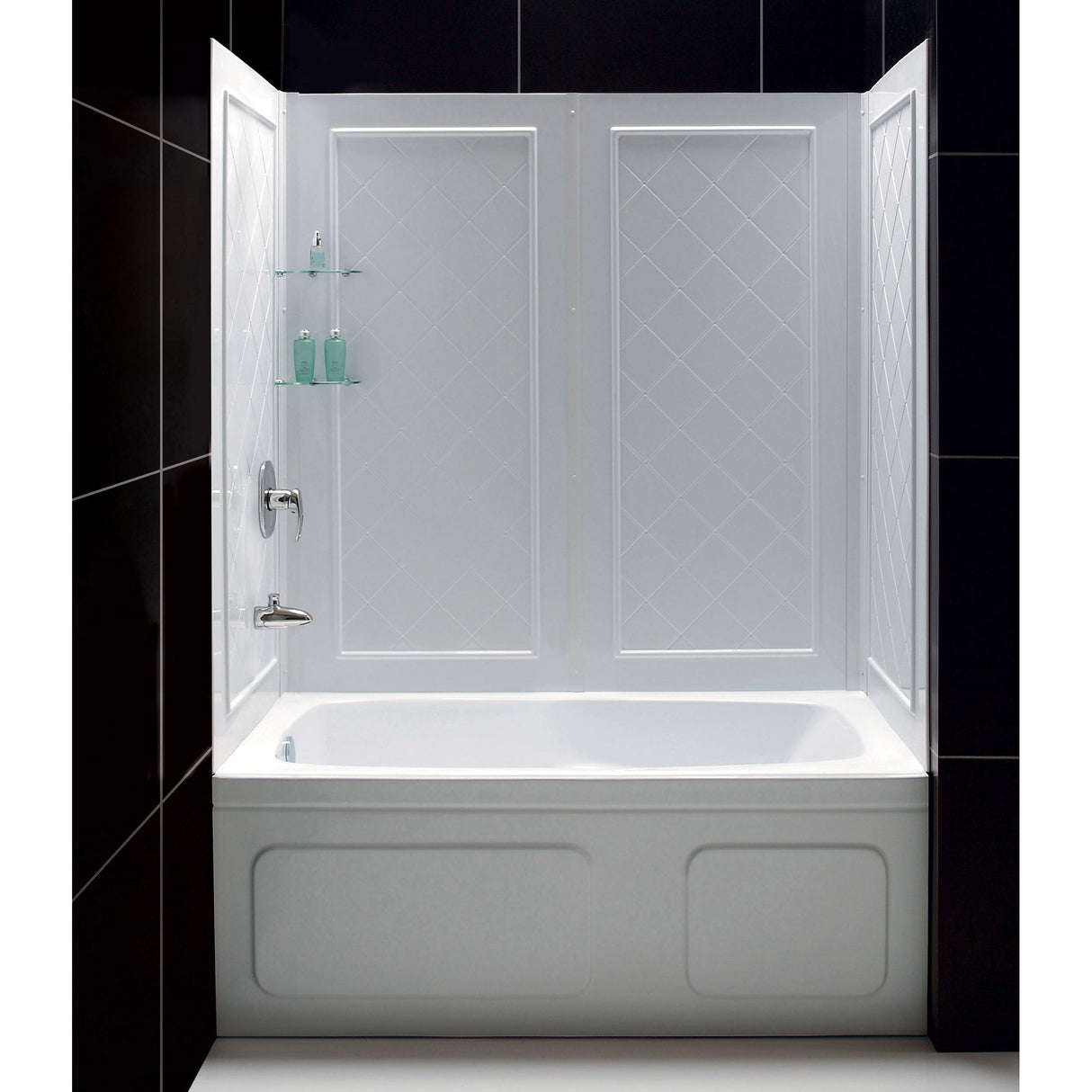 DreamLine Infinity-Z 56-60 in. W x 60 in. H Clear Sliding Tub Door in Satin Black with White Acrylic Wall Kit