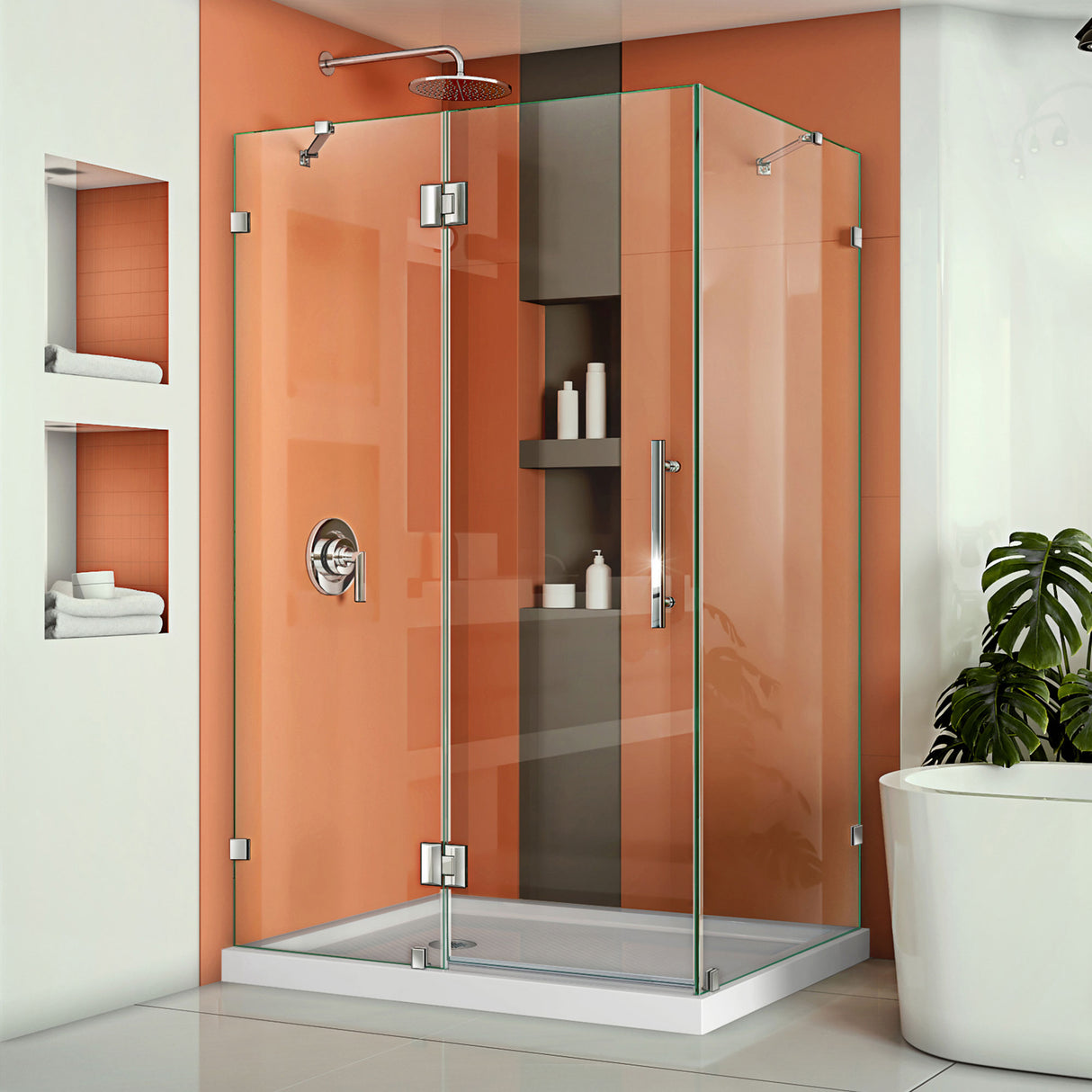 DreamLine Quatra Lux 34 1/4 in. D x 46 3/8 in. W x 72 in. H Frameless Hinged Shower Enclosure in Chrome