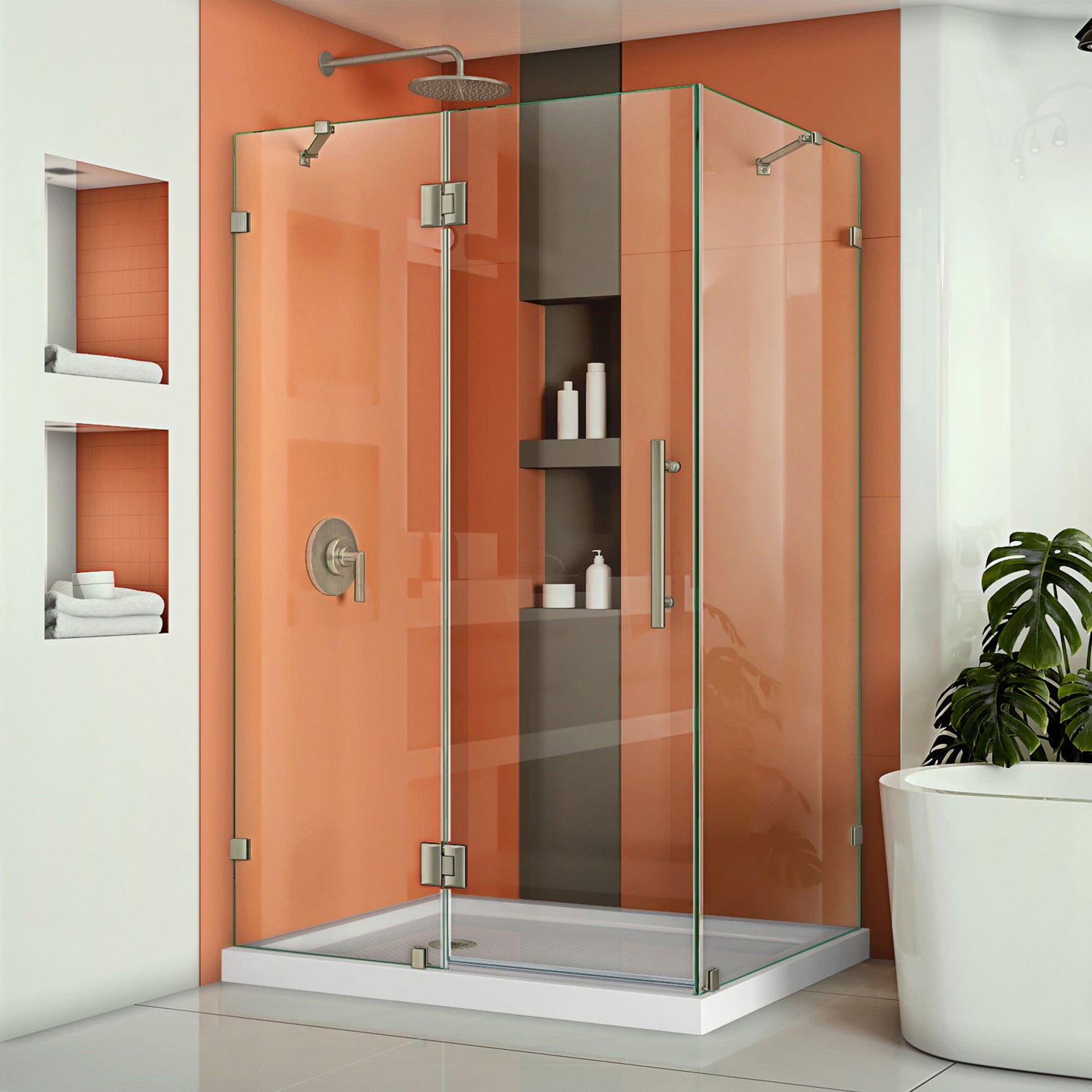 DreamLine Quatra Lux 34 1/4 in. D x 46 3/8 in. W x 72 in. H Frameless Hinged Shower Enclosure in Brushed Nickel