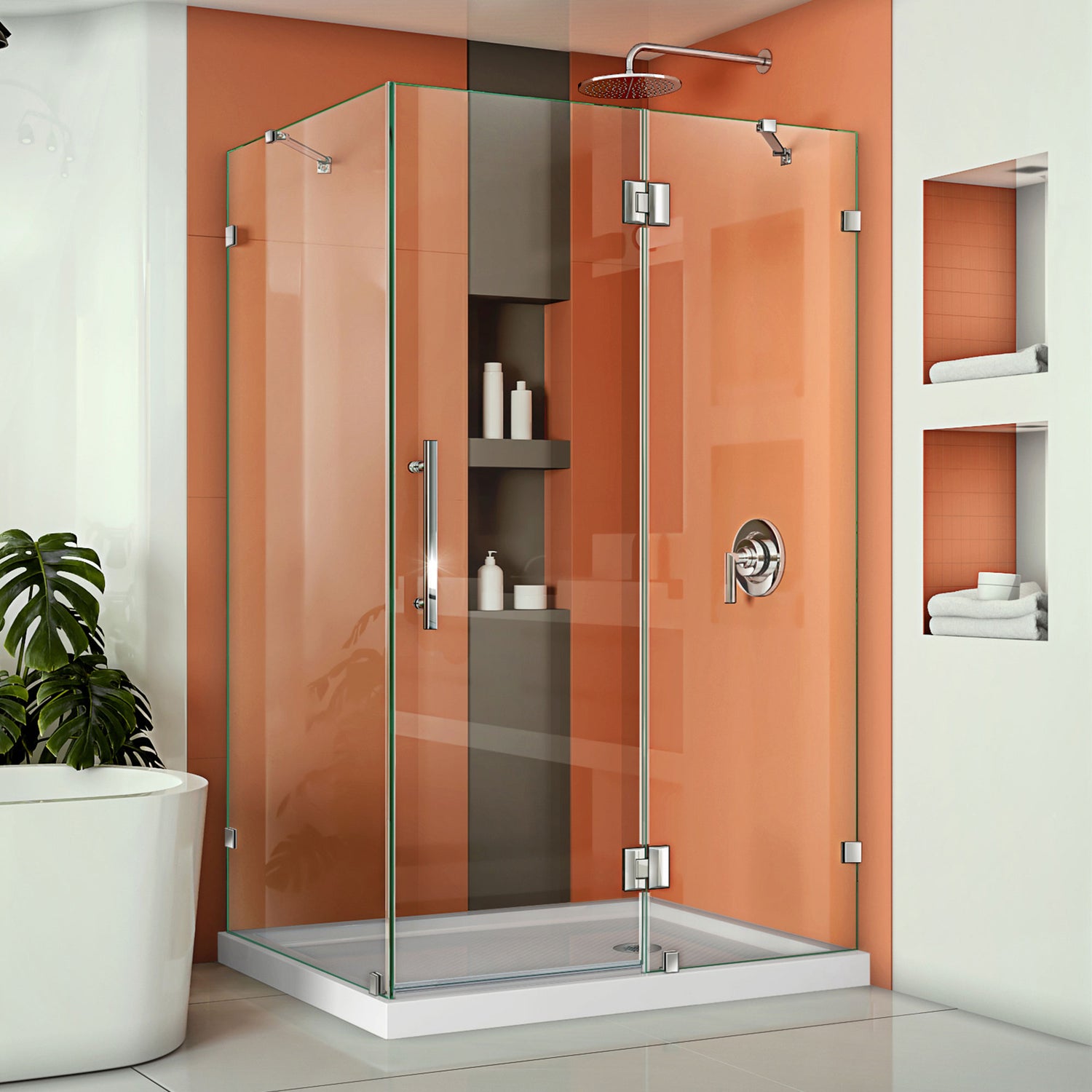 DreamLine Quatra Lux 34 1/4 in. D x 46 3/8 in. W x 72 in. H Frameless Hinged Shower Enclosure in Chrome