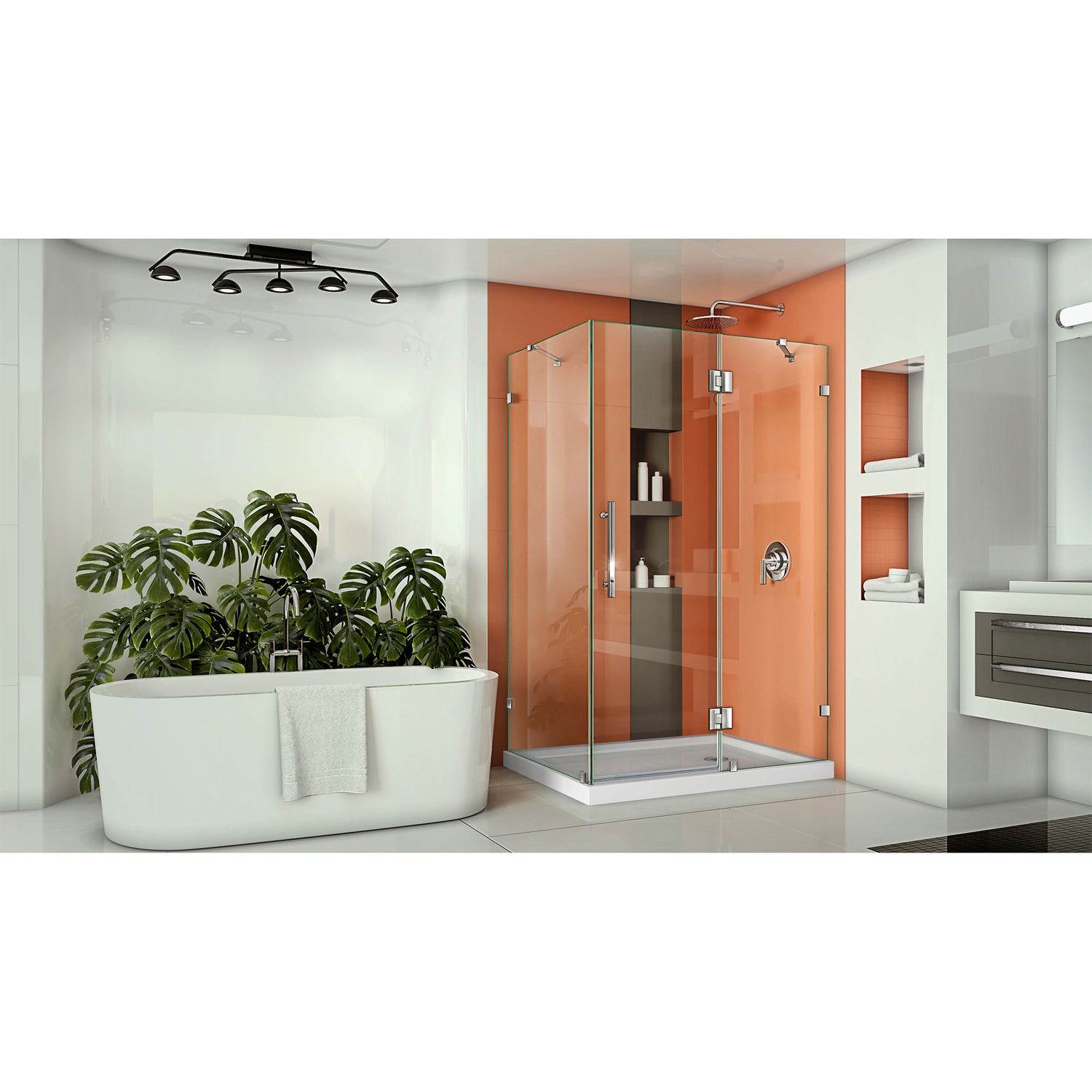 DreamLine Quatra Lux 34 1/4 in. D x 46 3/8 in. W x 72 in. H Frameless Hinged Shower Enclosure in Chrome