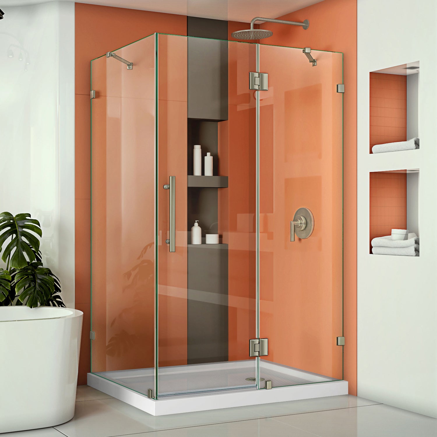 DreamLine Quatra Lux 34 1/4 in. D x 46 3/8 in. W x 72 in. H Frameless Hinged Shower Enclosure in Brushed Nickel