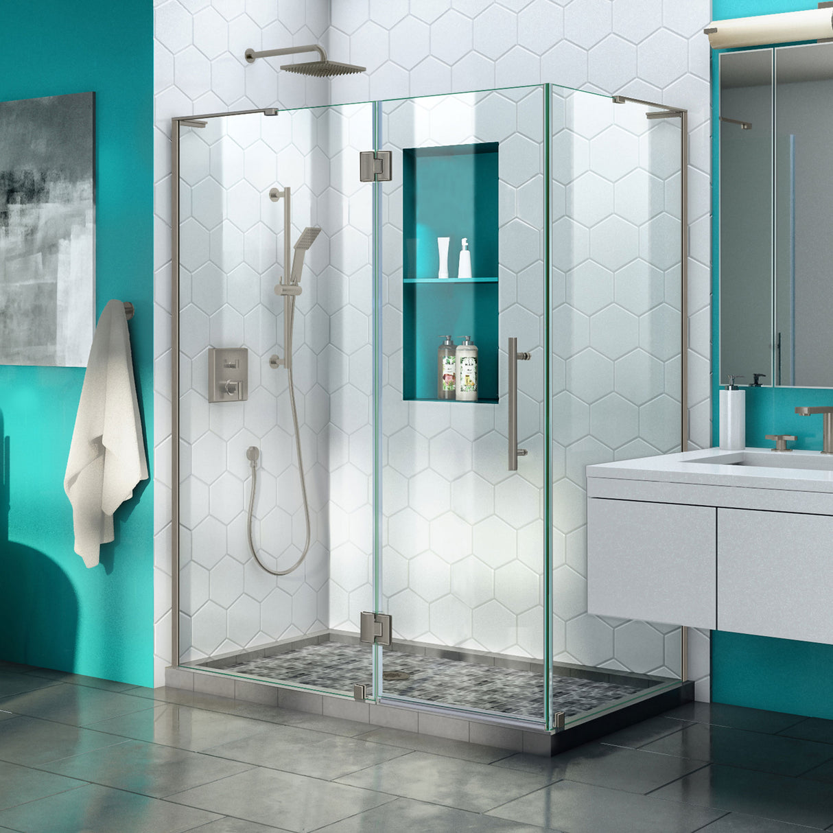 DreamLine Quatra Plus 34 in. D x 52 in. W x 72 in. H Frameless Hinged Shower Enclosure in Brushed Nickel