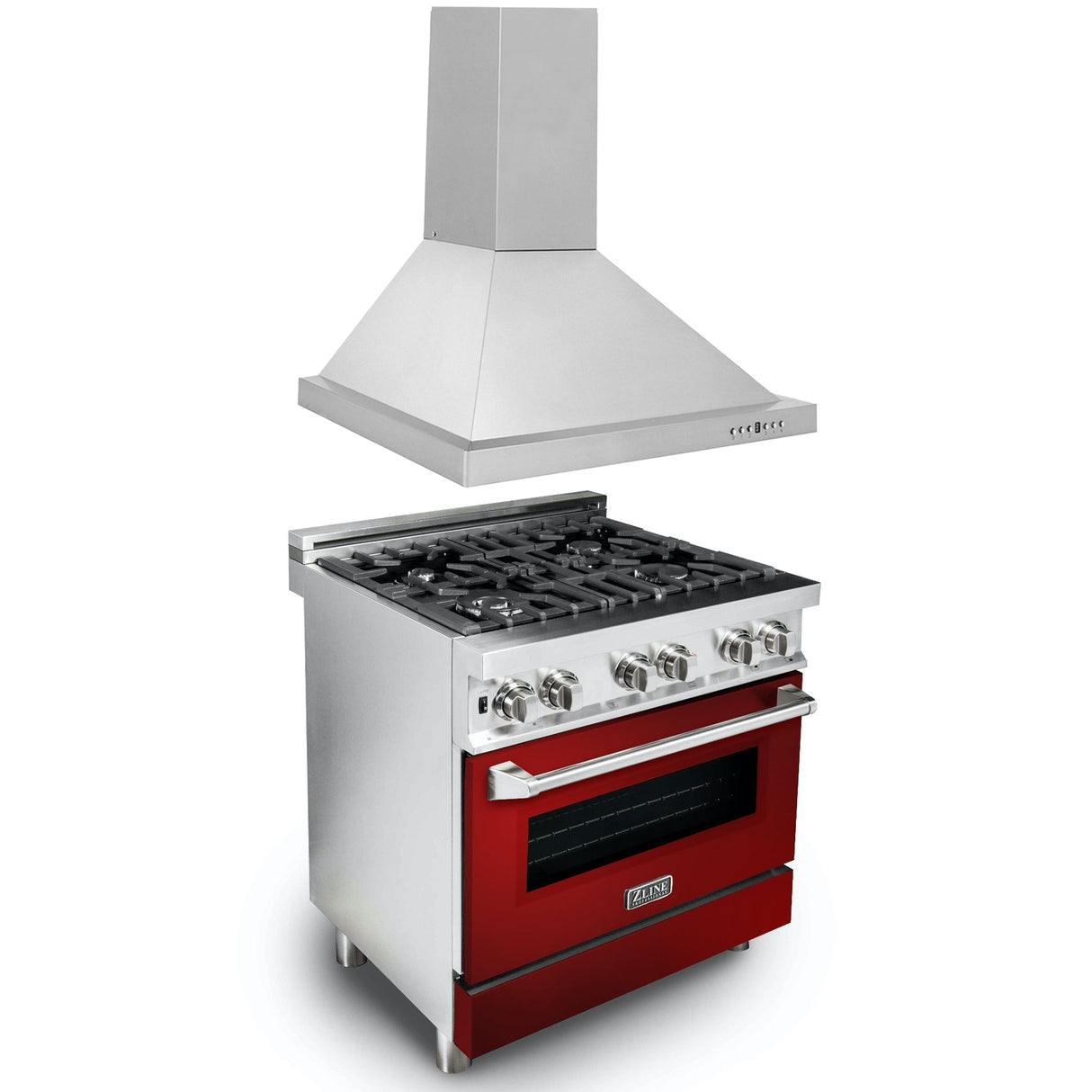 ZLINE 30 in. Kitchen Package with Stainless Steel Dual Fuel Range with Red Gloss Door and Convertible Vent Range Hood (2KP-RARGRH30)