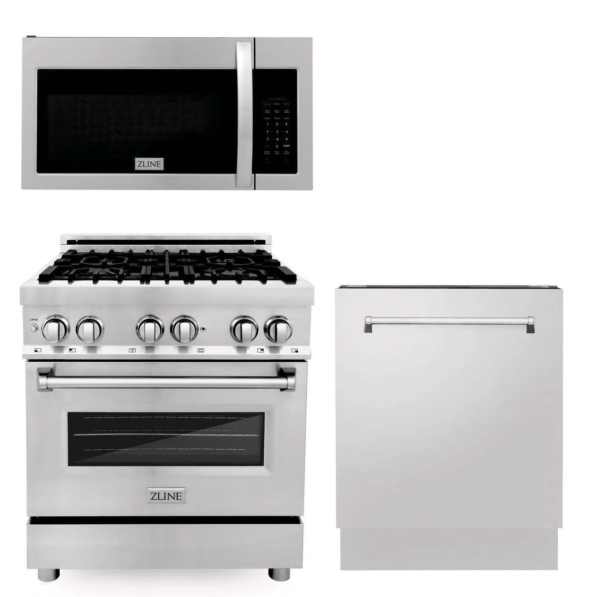 ZLINE Kitchen Package with Stainless Steel 30 in. Dual Fuel Range, 30 in. Over-the-Range Microwave, and 24 in. Dishwasher (3KP-RAOTR30-DW)