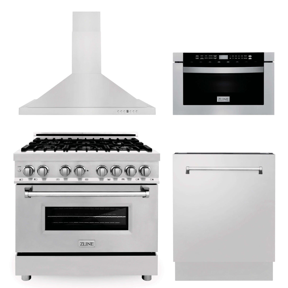 ZLINE 36 in. Kitchen Package with Stainless Steel Dual Fuel Range, Range Hood, Microwave Drawer and Classic Dishwasher (4KP-RARH36-MWDW)