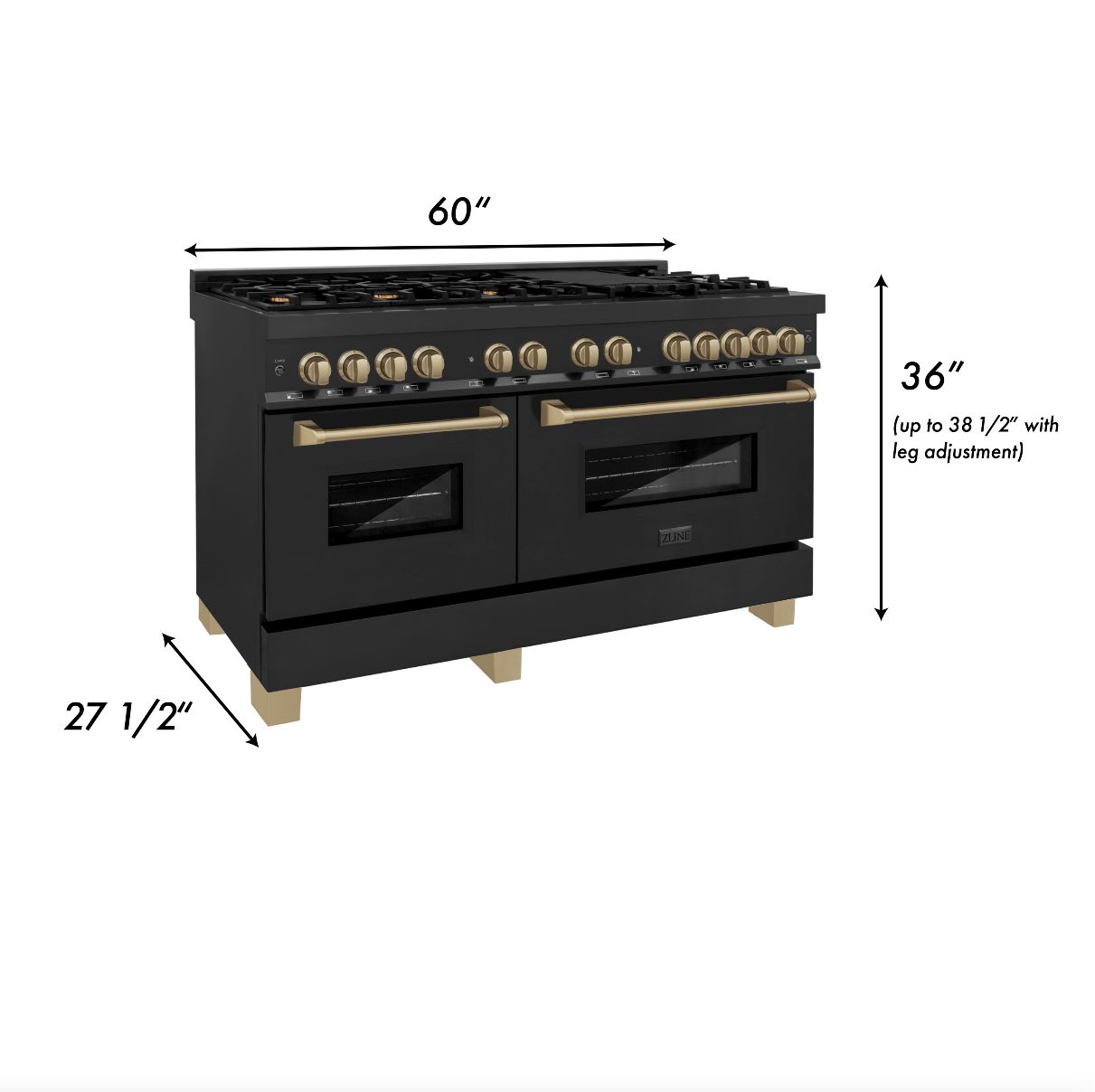 ZLINE Autograph Edition 60 in. 7.4 cu. ft. Legacy Dual Fuel Range with 9 Burner Gas Cooktop and 2 Electric Convection Ovens in Black Stainless Steel and Champagne Bronze Accents (RABZ-60-CB)