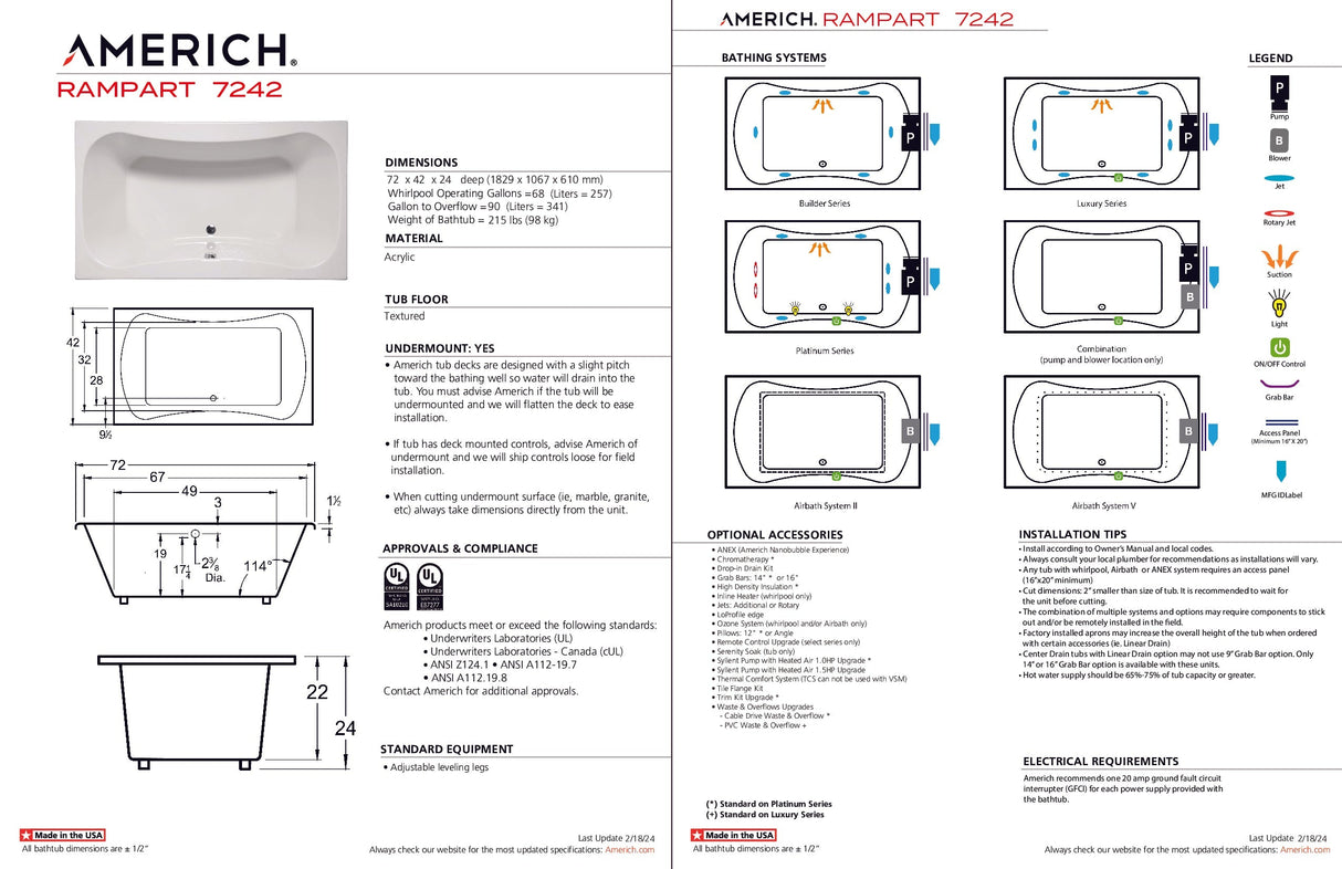 Americh RA7242TA5-BI Rampart 7242 - Tub Only / Airbath 5 - Biscuit