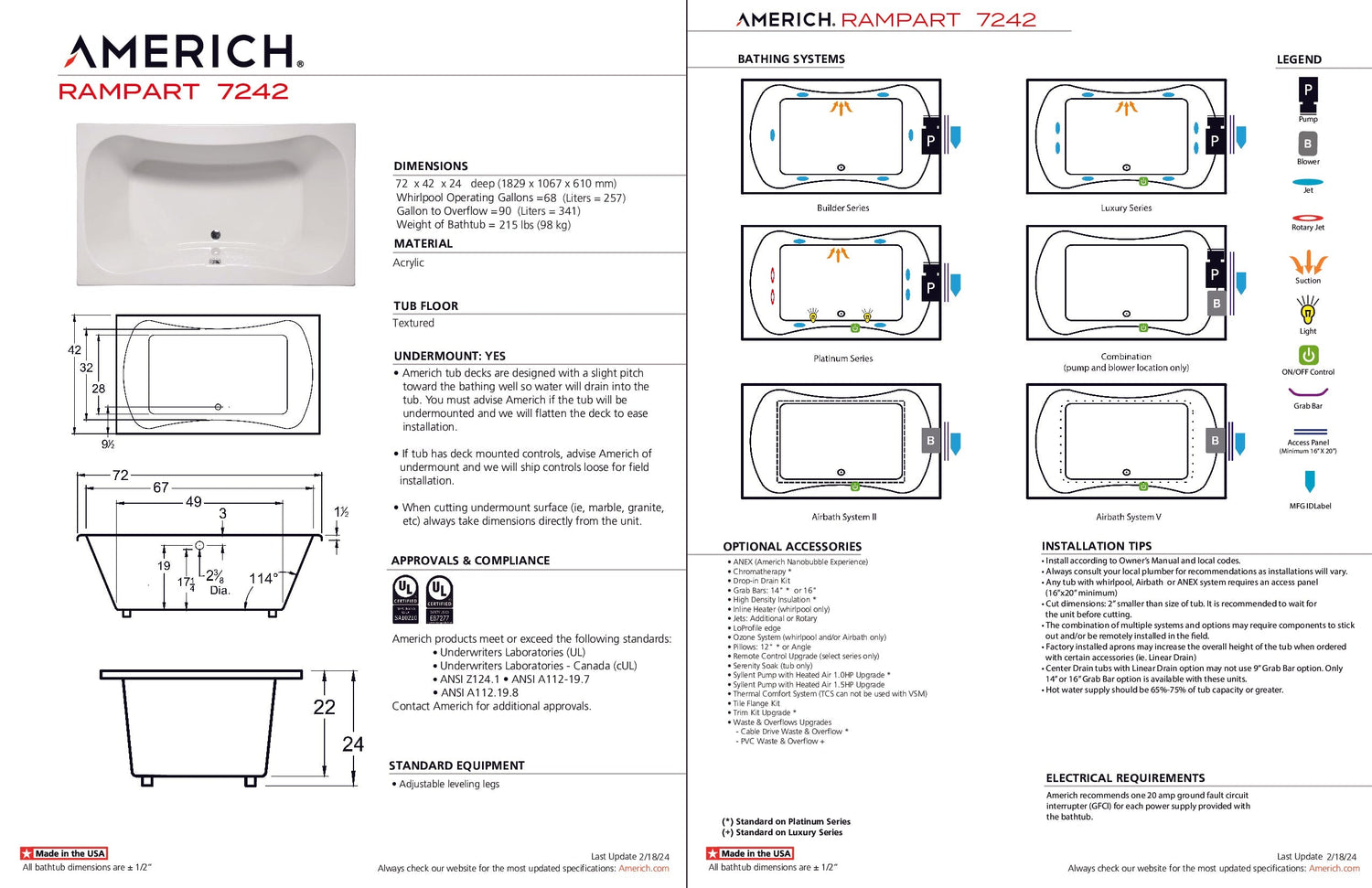 Americh RA7242TA5-BI Rampart 7242 - Tub Only / Airbath 5 - Biscuit