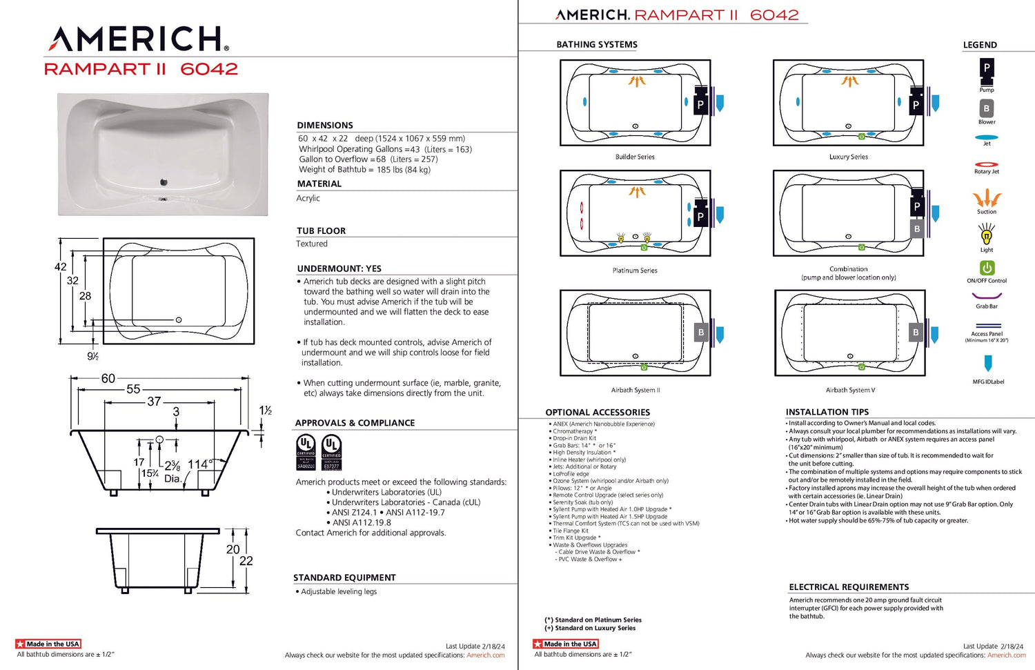 Americh RA6042T2A5-BI Rampart II 6042 - Tub Only / Airbath 5 - Biscuit
