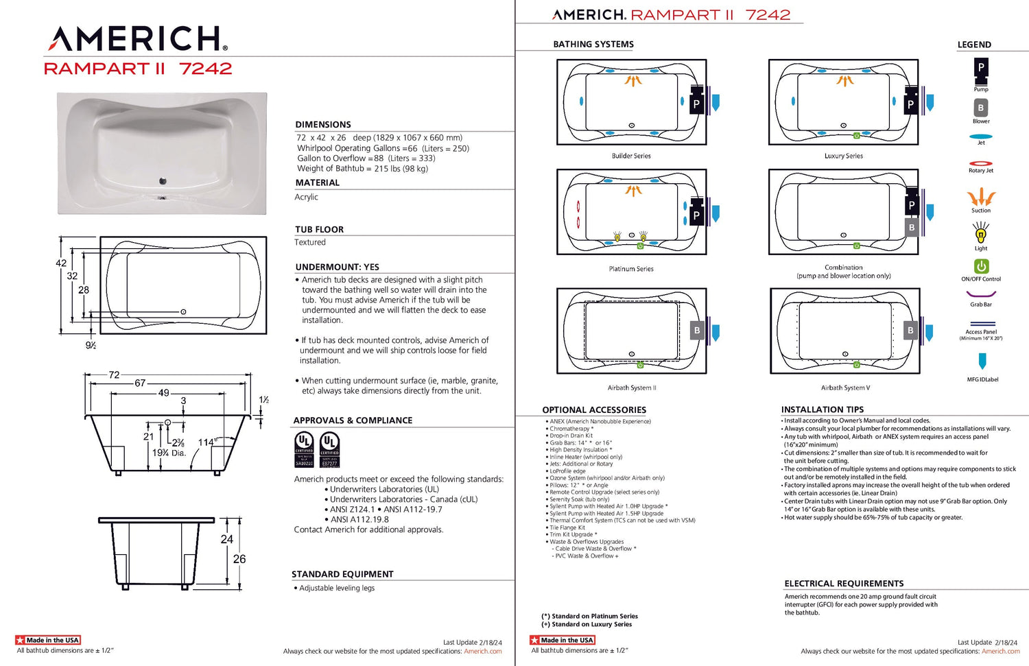 Americh RA7242T2A5-BI Rampart II 7242 - Tub Only / Airbath 5 - Biscuit