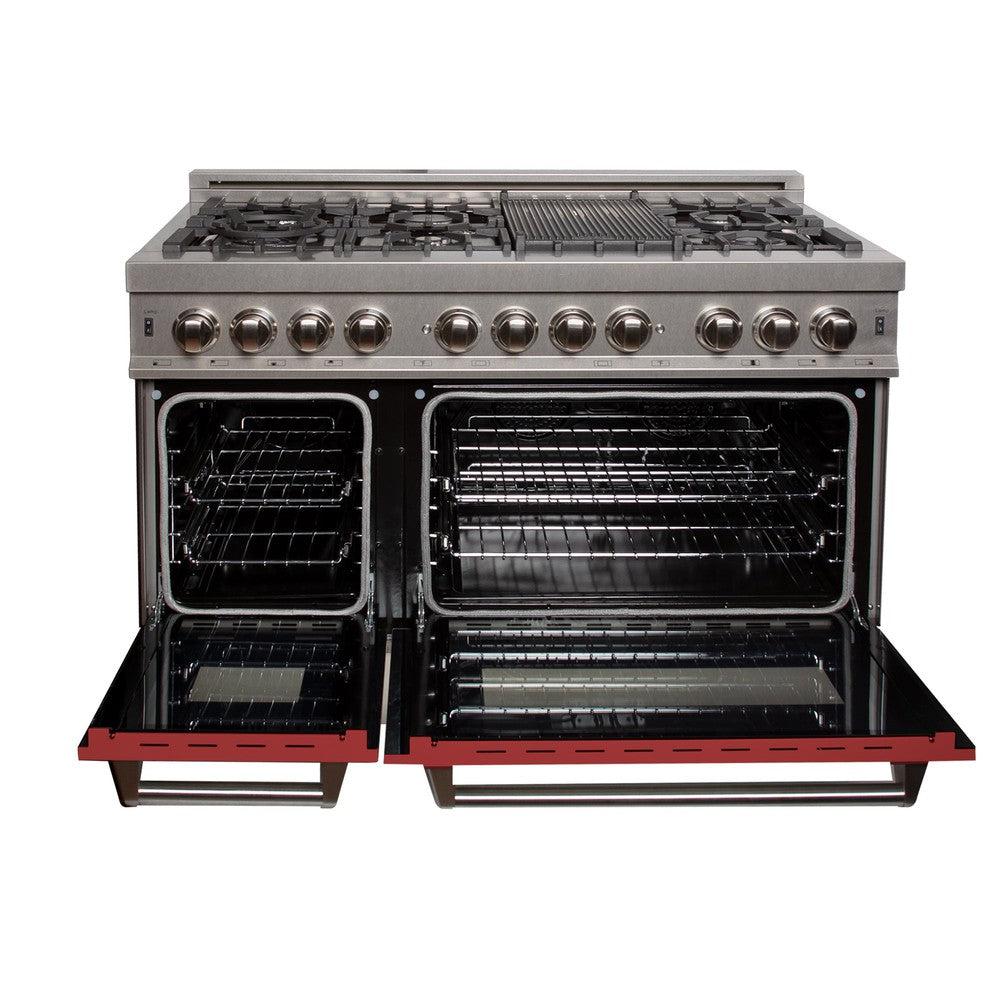 ZLINE 48 in. Kitchen Package with DuraSnow® Stainless Steel Dual Fuel Range with Red Matte Doors and Convertible Vent Range Hood (2KP-RASRMRH48)