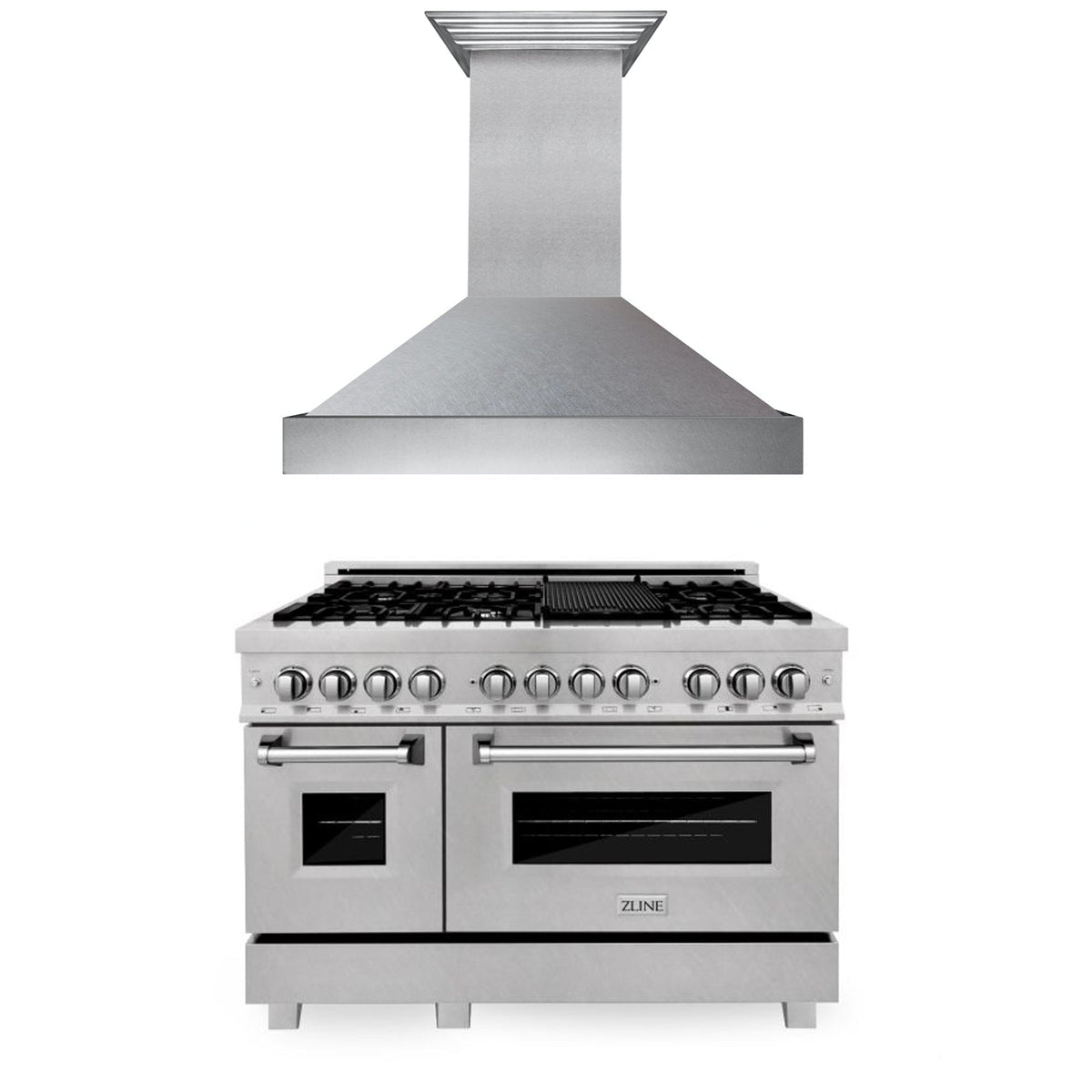 ZLINE 48 in. Kitchen Package with DuraSnow® Stainless Steel Dual Fuel Range and Convertible Vent Range Hood (2KP-RASSNRH48)