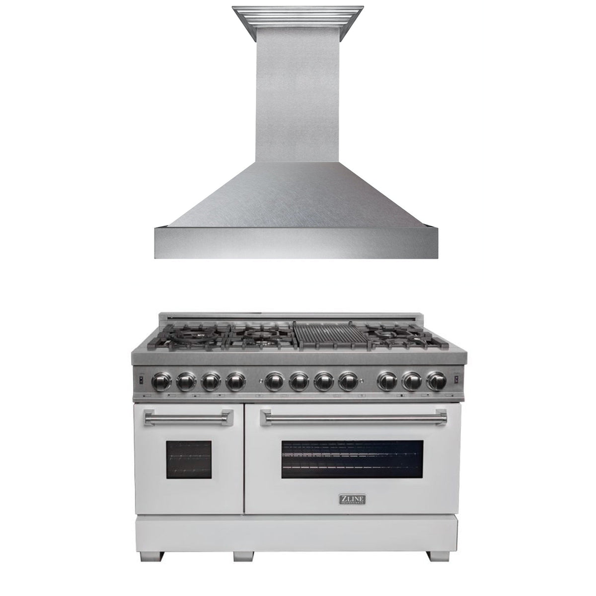 ZLINE 48 in. Kitchen Package with DuraSnow® Stainless Steel Dual Fuel Range with White Matte Doors and Convertible Vent Range Hood (2KP-RASWMRH48)