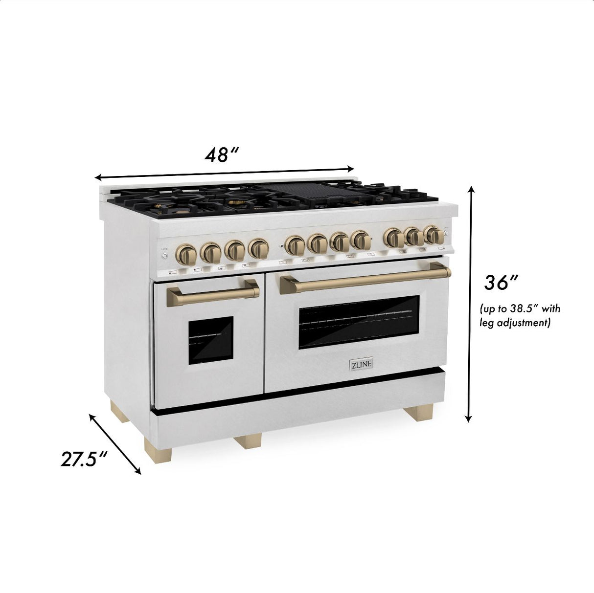 ZLINE Autograph Edition 48 in. 6.0 cu. ft. Dual Fuel Range with Gas Stove and Electric Oven in DuraSnow® Stainless Steel with Champagne Bronze Accents (RASZ-SN-48-CB)