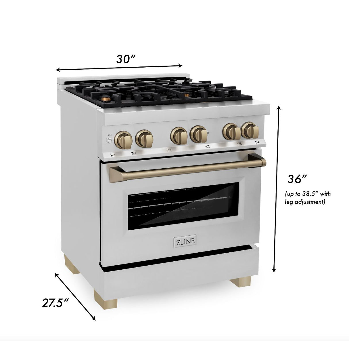 ZLINE Autograph Edition 30 in. 4.0 cu. ft. Legacy Dual Fuel Range with 4 Burner Gas Cooktop and Electric Convection Oven in Stainless Steel and Champagne Bronze Accents (RAZ-30-CB)
