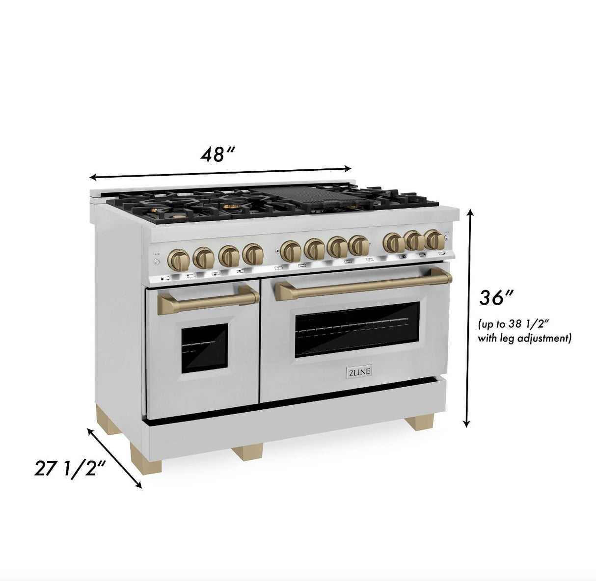 ZLINE Autograph Edition 48 in. 6.0 cu. ft. Legacy Dual Fuel Range with 7 Burner Gas Cooktop and 2 Electric Ovens in Stainless Steel and Champagne Bronze Accents (RAZ-48-CB)