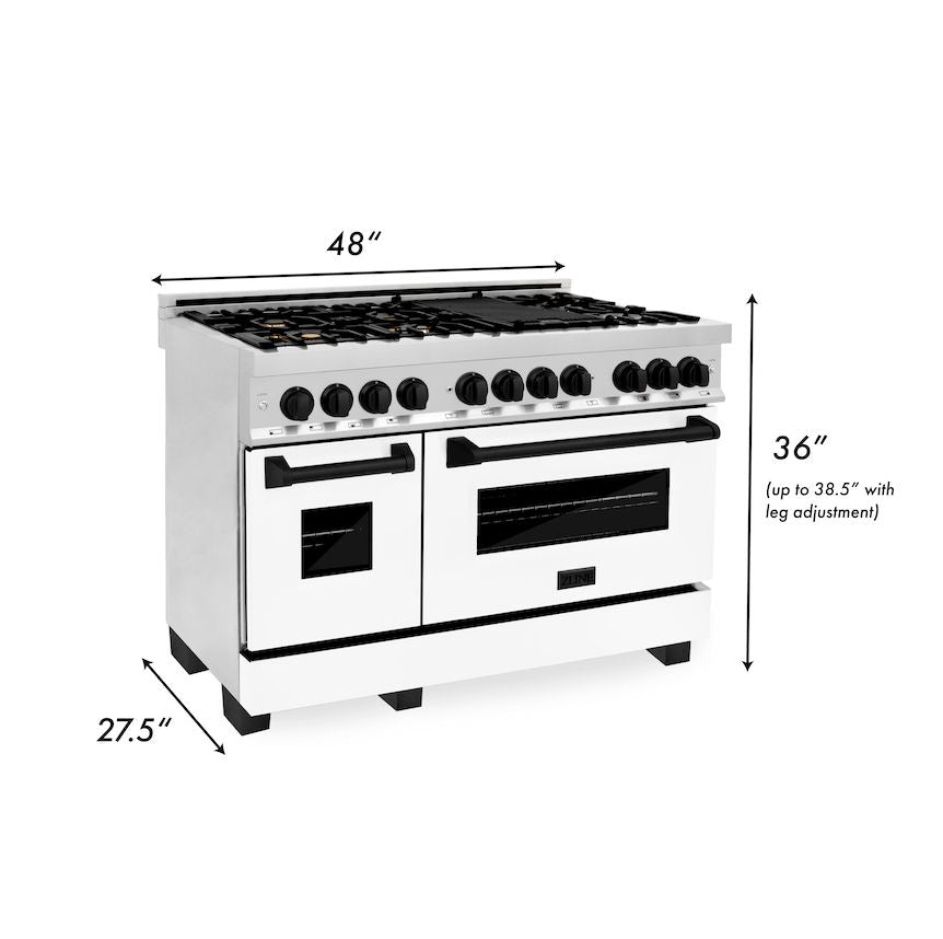 ZLINE Autograph Edition 48 in. 6.0 cu. ft. Dual Fuel Range with Gas Stove and Electric Oven in Stainless Steel with White Matte Doors and Matte Black Accents (RAZ-WM-48-MB)
