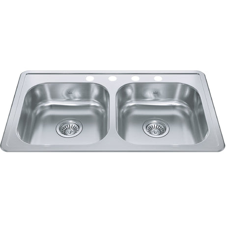 KINDRED RDLA3319-6-4CBN Creemore 32.94-in LR x 18.31-in FB x 6-in DP Drop In Double Bowl 4-Hole Stainless Steel Sink In Commercial Satin Finish