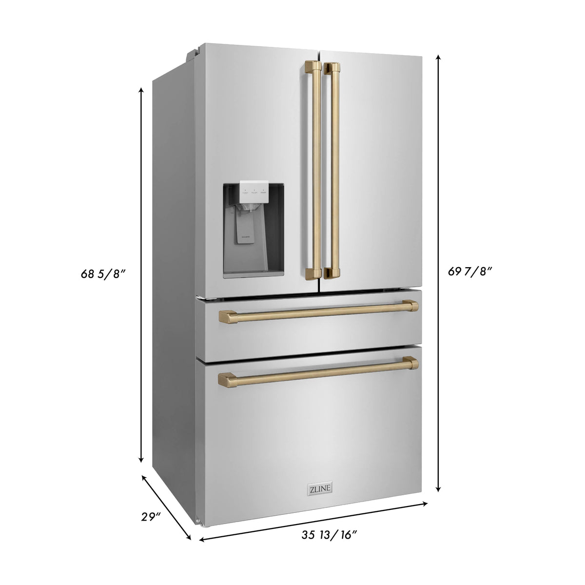 ZLINE 36 in. Autograph Edition Kitchen Package with Stainless Steel Dual Fuel Range, Range Hood, Dishwasher and Refrigeration Including External Water Dispenser with Champagne Bronze Accents (4AKPR-RARHDWM36-CB)
