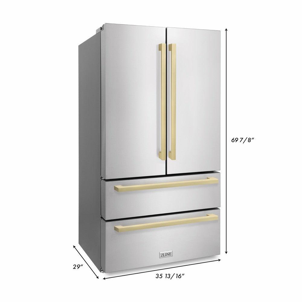 ZLINE Autograph Edition 36 in. 22.5 cu. ft. Counter-Depth French Door Refrigerator with Ice Maker in Fingerprint-Resistant Stainless Steel with Champagne Bronze Modern Handles (RFMZ-36-FCB)